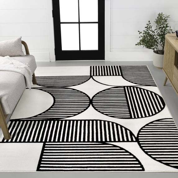 JONATHAN Y SCANDINAVIAN 8 x 10 Area Rug, Nordby Geometric Arch Striped - Black/White, SCN104G-8