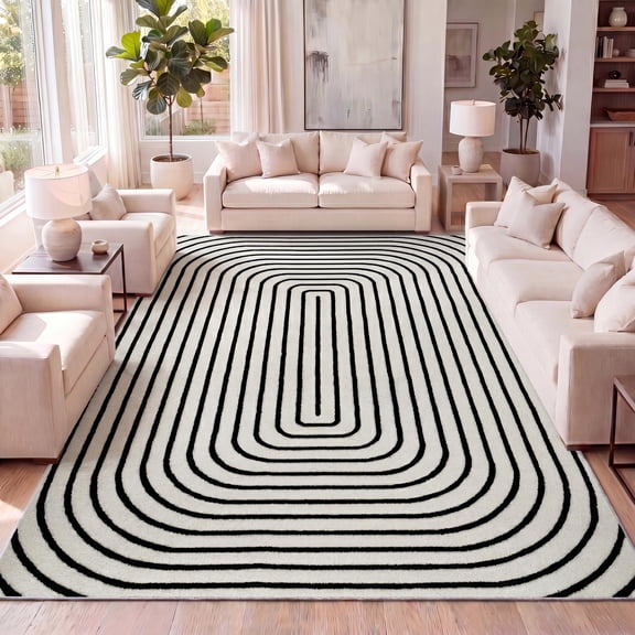 JONATHAN Y SCN106B-8 Freya Modern Scandinavian Arch Stripe Monotone High-Low Black/White 8 ft. x 10 ft. Area Rug
