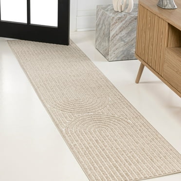 JONATHAN Y SCN109B-28 Sofia High-Low MidCentury Modern Arch Stripe Two-Tone Beige/Cream 2 ft. x 8 ft. Indoor/Outdoor Runner Rug, Pet Friendly, Easy to Clean, for Patio, Living Room, Bedroom