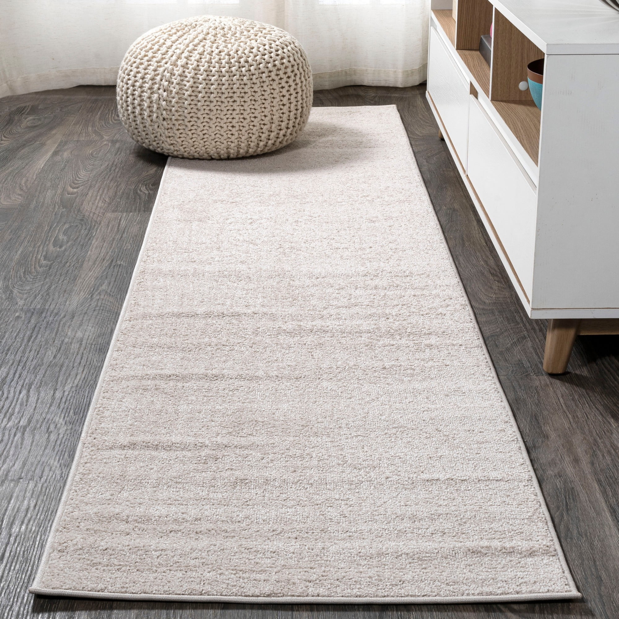 Ivory Solid Synthetic Low-Pile Runner Rug, 2 x 8 ft