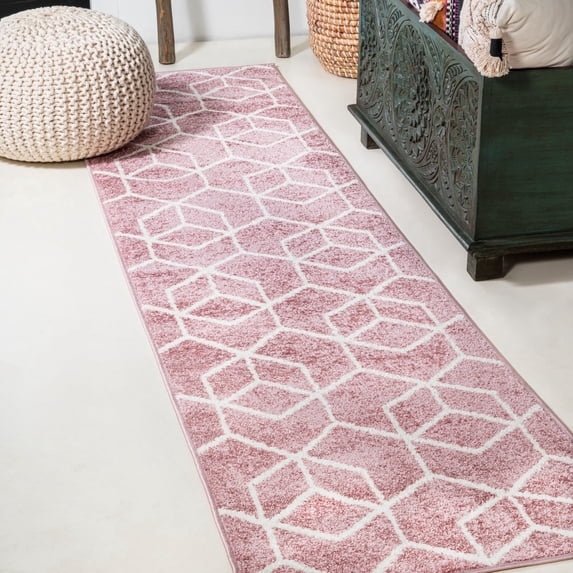 JONATHAN Y SUPERSOFT 2 x 8 Runner Rug, Tumbling Blocks Modern Geometric - Rose/White, SEU101B-28