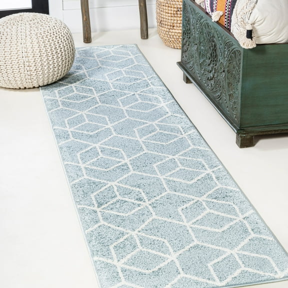 JONATHAN Y SUPERSOFT 2 x 8 Runner Rug, Tumbling Blocks Geometric - Light Blue/White, SEU101C-28