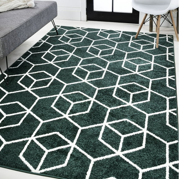 JONATHAN Y SUPERSOFT 4 x 6 Area Rug, Tumbling Blocks Geometric - Green/White, SEU101D-4