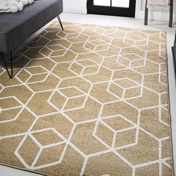JONATHAN Y SUPERSOFT 3 x 5 Area Rug, Tumbling Blocks Modern Geometric - Gold/White, SEU101E-3