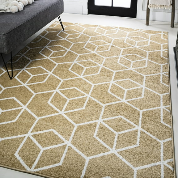 JONATHAN Y SUPERSOFT 5 x 8 Area Rug, Tumbling Blocks Geometric - Gold/White, SEU101E-5