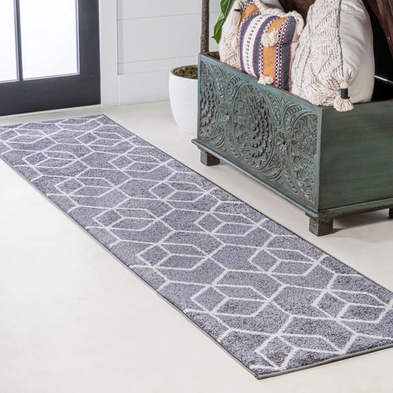 JONATHAN Y SUPERSOFT 2 x 8 Runner Rug, Tumbling Blocks Modern Geometric - Gray/White, SEU101F-28