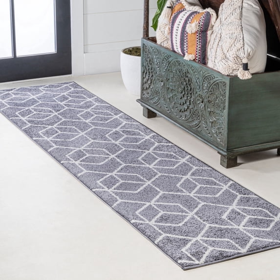 JONATHAN Y SUPERSOFT 2 x 8 Runner Rug, Tumbling Blocks Modern Geometric - Gray/White, SEU101F-28