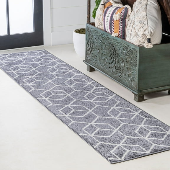 JONATHAN Y SUPERSOFT 2 x 8 Runner Rug, Tumbling Blocks Geometric - Gray/White, SEU101F-28
