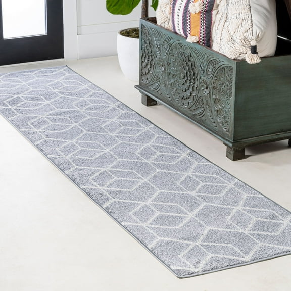 JONATHAN Y SUPERSOFT 2 x 8 Runner Rug, Tumbling Blocks Geometric - Light Gray/White, SEU101G-28