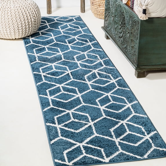 JONATHAN Y SUPERSOFT 2 x 8 Runner Rug, Tumbling Blocks Modern Geometric - Navy/White, SEU101H-28
