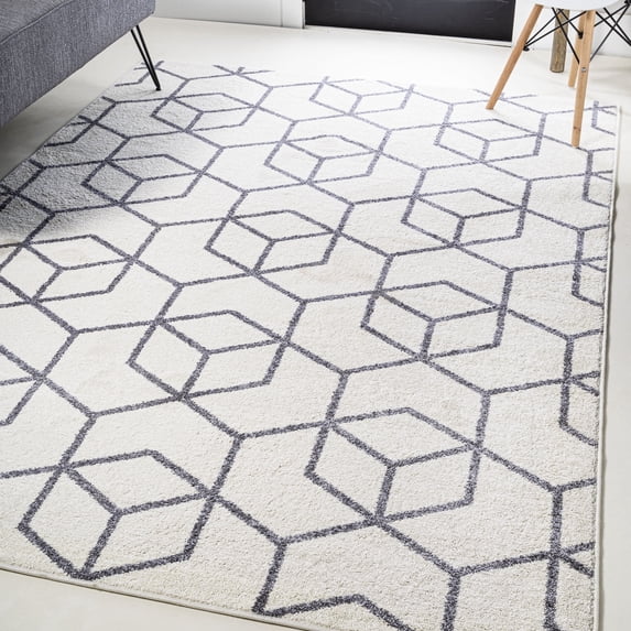 JONATHAN Y SUPERSOFT 4 x 6 Area Rug, Tumbling Blocks Modern Geometric - White/Gray, SEU101K-4