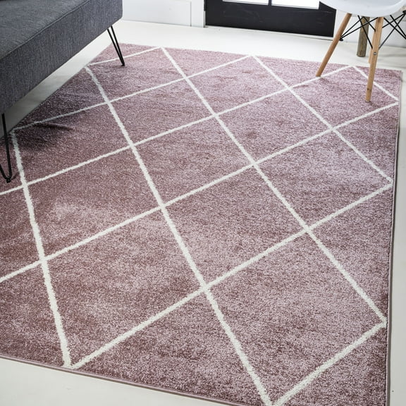 JONATHAN Y SUPERSOFT 8 x 10 Area Rug, Cole Minimalist Diamond Trellis - Rose/White, SEU102B-8