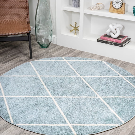 JONATHAN Y SUPERSOFT 5' Round Area Rug, Cole Minimalist Diamond Trellis - Light Blue/White, SEU102C-5R