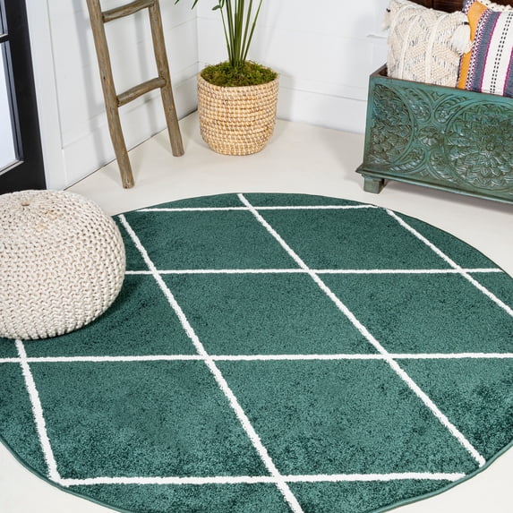 JONATHAN Y SUPERSOFT 5' Round Area Rug, Cole Minimalist Diamond Trellis - Green/White, SEU102D-5R
