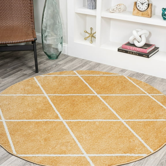 JONATHAN Y SUPERSOFT 5' Round Area Rug, Cole Minimalist Diamond Trellis - Gold/White, SEU102E-5R