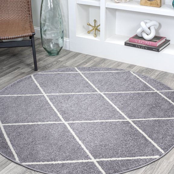 JONATHAN Y SUPERSOFT 5' Round Area Rug, Cole Minimalist Diamond Trellis - Gray/White, SEU102F-5R