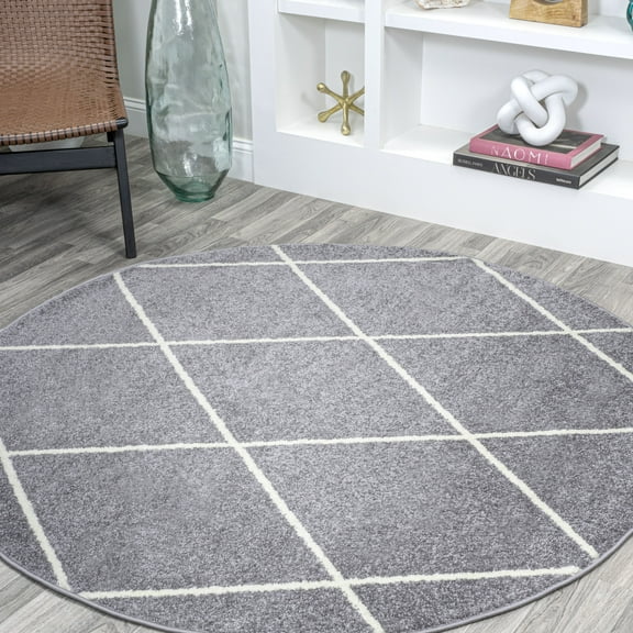 JONATHAN Y SUPERSOFT 5' Round Area Rug, Cole Minimalist Diamond Trellis - Gray/White, SEU102F-5R