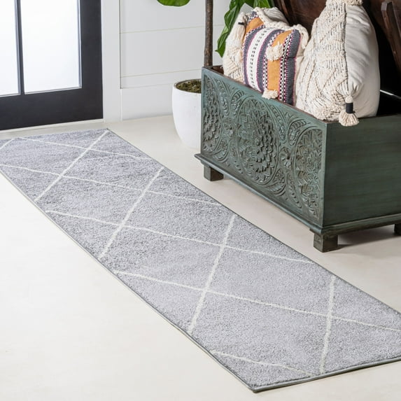 JONATHAN Y SEU102G-210 Cole Minimalist Diamond Trellis Light Gray/White 2 ft. x 10 ft. Runner Rug, Modern Contemporary, Pet Friendly, Stain Resistant, Easy to Clean, for Living Room; Kitchen, Bedroom