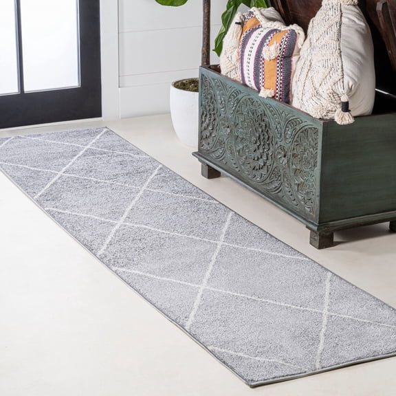 JONATHAN Y SUPERSOFT 2 x 8 Runner Rug, Cole Minimalist Diamond Trellis - Light Gray/White, SEU102G-28
