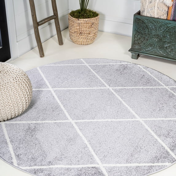 JONATHAN Y SUPERSOFT 5' Round Area Rug, Cole Minimalist Diamond Trellis - Light Gray/White, SEU102G-5R