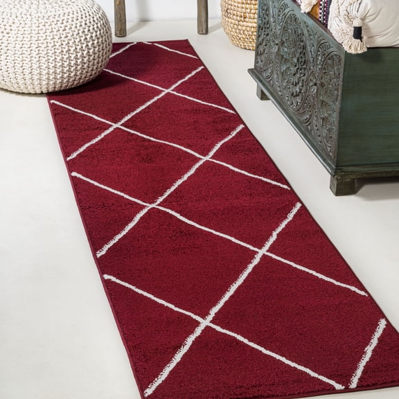 JONATHAN Y SUPERSOFT 2 x 10 Runner Rug, Cole Minimalist Diamond Trellis - Red/White, SEU102I-210