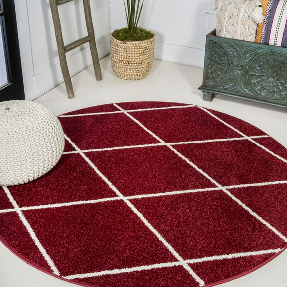 JONATHAN Y SUPERSOFT 5' Round Area Rug, Cole Minimalist Diamond Trellis - Red/White, SEU102I-5R