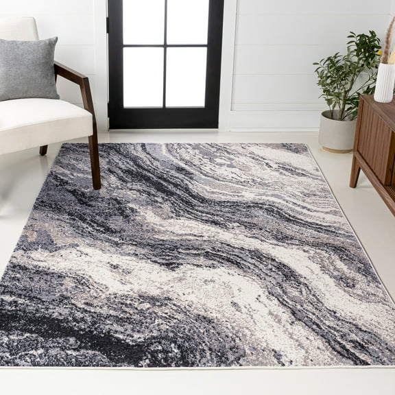 JONATHAN Y SUPERSOFT 3 x 5 Area Rug, Kassia Glam Abstract Marble - Charcoal/Cream, SEU300A-3