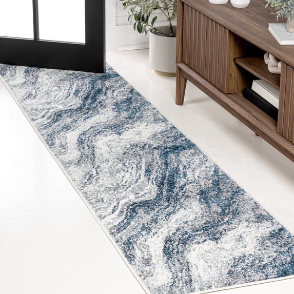 JONATHAN Y SUPERSOFT 2 x 8 Runner Rug, Kassia Contemporary Glam Abstract Marble - Navy/Cream, SEU300B-28