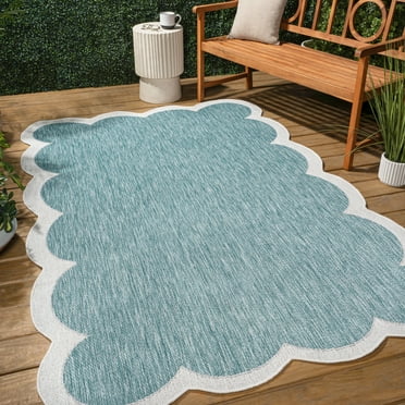 JONATHAN Y SHP103D-8 Alice Classic Cottage Two-Tone Scalloped Turquoise/Cream 8 ft. x 10 ft. Indoor/Outdoor Shaped Area Rug; Transitional; Bedroom, Patio, Backyard; Pet Friendly, Easy-Cleaning