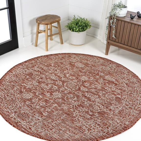 JONATHAN Y SANTA MONICA 3' Round Area Rug, Tela Bohemian Textured Weave Floral - Red/Taupe, SMB100A-3R