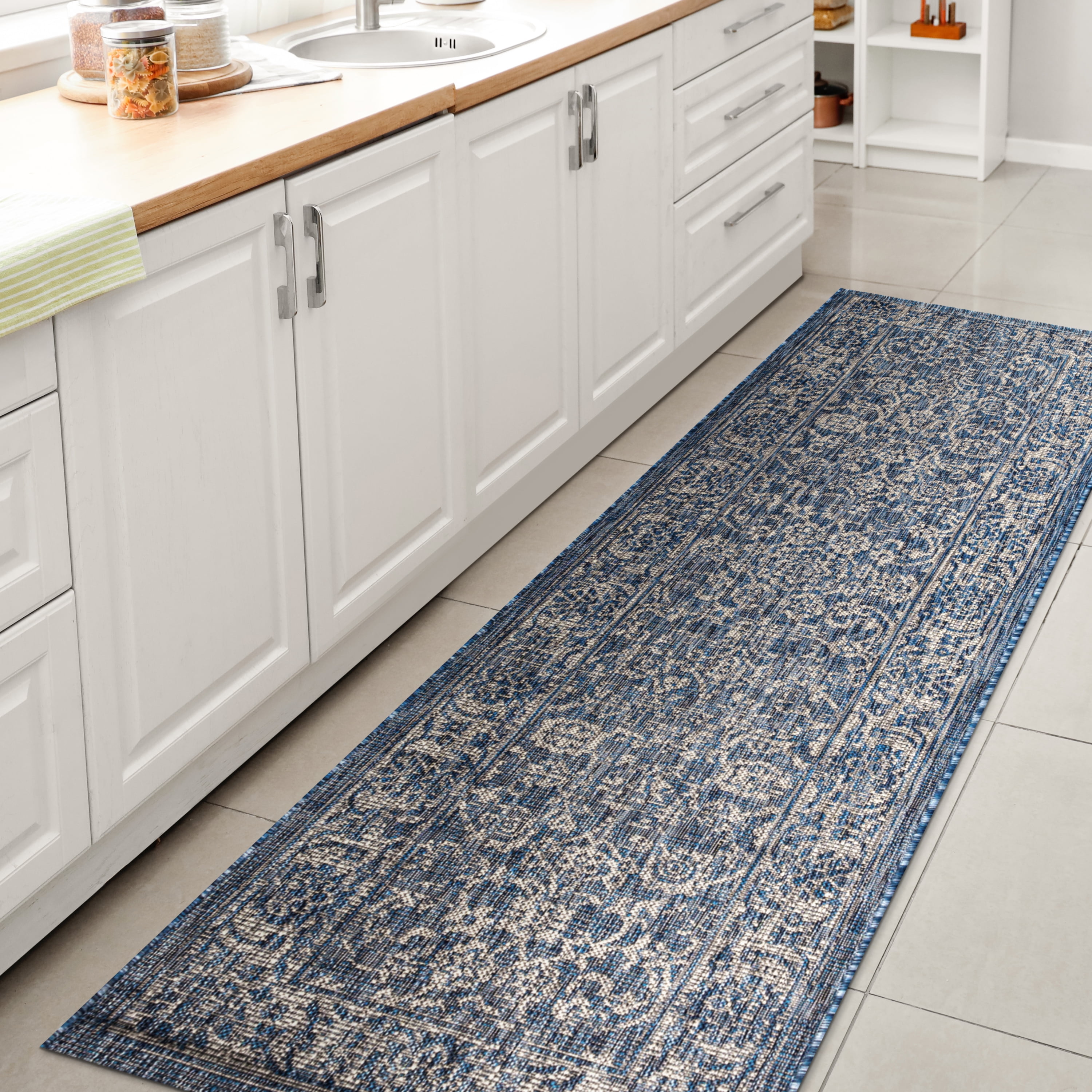 Navy and Gray Synthetic Flat Woven Runner Rug, 2'-2" x 8'