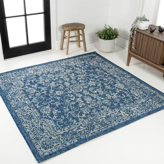 JONATHAN Y SANTA MONICA 5' Square Area Rug, Tela Bohemian Textured Weave Floral - Navy/Gray, SMB100B-5SQ