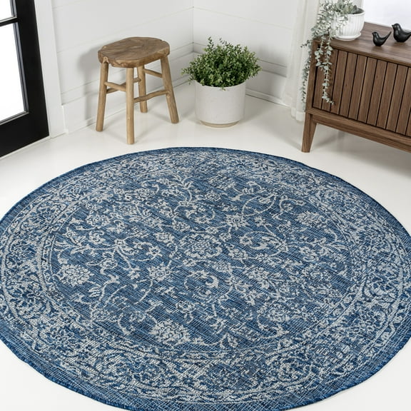 JONATHAN Y SANTA MONICA 8' Round Area Rug, Tela Bohemian Textured Weave Floral - Navy/Gray, SMB100B-8R