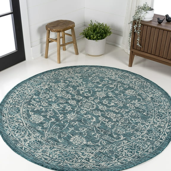 JONATHAN Y SANTA MONICA 4' Round Area Rug, Tela Bohemian Textured Weave Floral - Teal/Gray, SMB100C-4R
