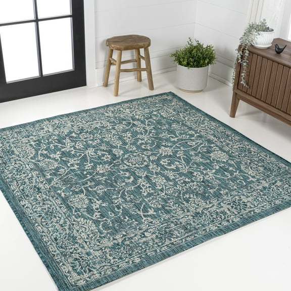 JONATHAN Y SANTA MONICA 4' Square Area Rug, Tela Bohemian Textured Weave Floral - Teal/Gray, SMB100C-4SQ