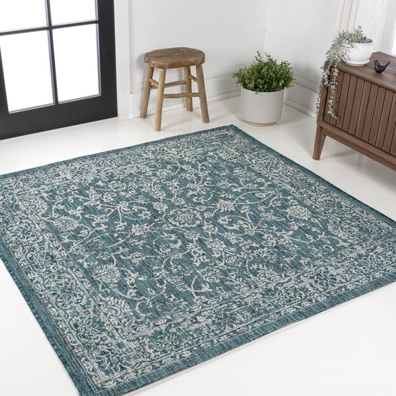 JONATHAN Y SANTA MONICA 5' Square Area Rug, Tela Bohemian Textured Weave Floral - Teal/Gray, SMB100C-5SQ