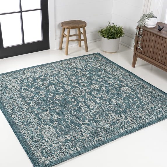 JONATHAN Y SANTA MONICA 6' Square Area Rug, Tela Bohemian Textured Weave Floral - Teal/Gray, SMB100C-6SQ