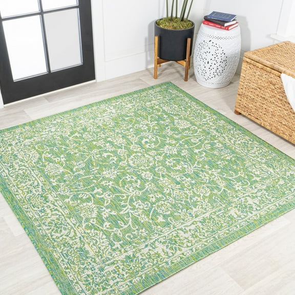 JONATHAN Y SANTA MONICA 5' Square Area Rug, Tela Bohemian Textured Weave Floral - Cream/Green, SMB100F-5SQ