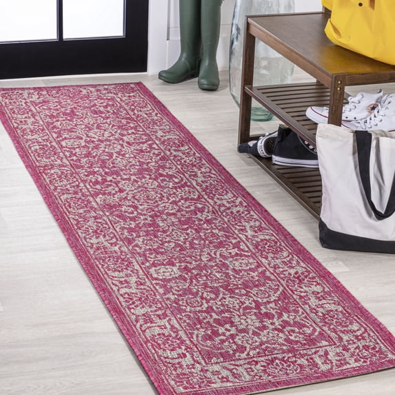 JONATHAN Y SANTA MONICA 2 x 8 Runner Rug, Tela Bohemian Textured Weave Floral - Fuchsia/Light Gray, SMB100G-28