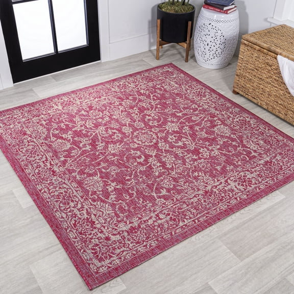 JONATHAN Y SANTA MONICA 5' Square Area Rug, Tela Bohemian Textured Weave Floral - Fuchsia/Light Gray, SMB100G-5SQ