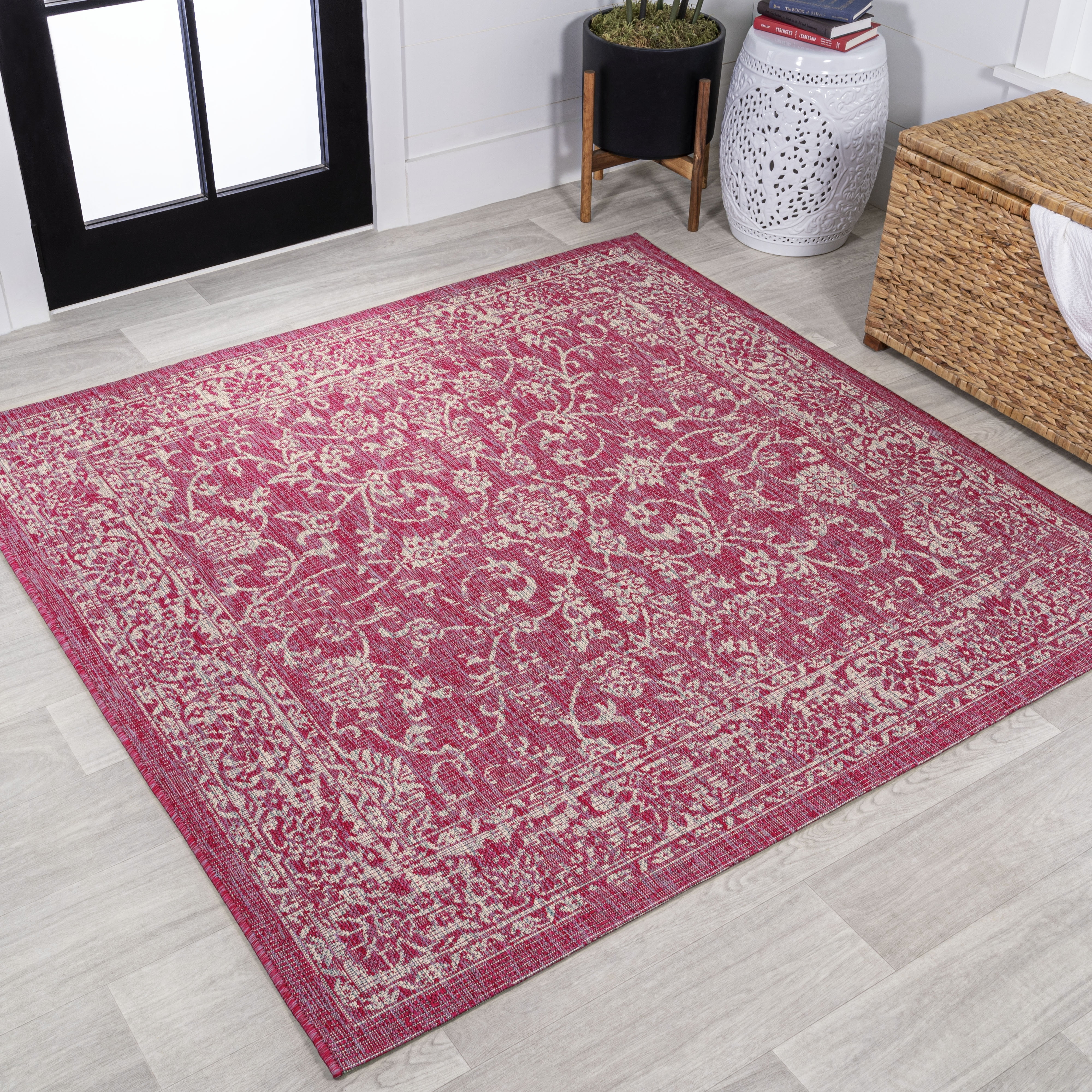 Fuchsia and Light Gray Square Floral Synthetic Area Rug