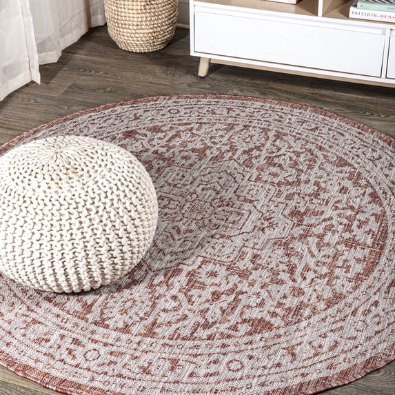 JONATHAN Y SANTA MONICA 5' Round Area Rug, Sinjuri Medallion Textured Weave - Red/Taupe, SMB101A-5R