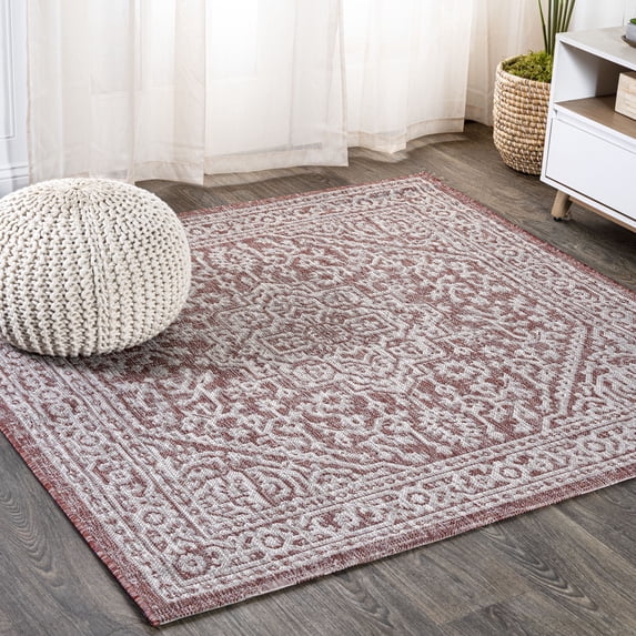 JONATHAN Y SANTA MONICA 5' Square Area Rug, Sinjuri Medallion Textured Weave - Red/Taupe, SMB101A-5SQ
