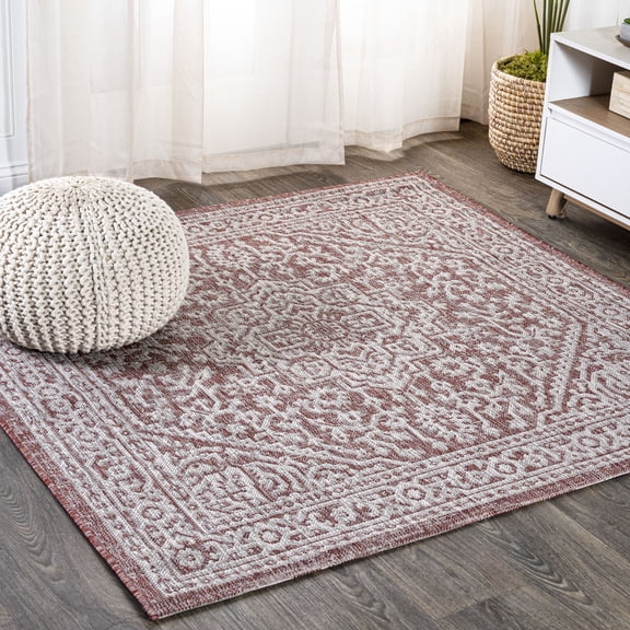JONATHAN Y SANTA MONICA 9' Square Area Rug, Sinjuri Medallion Textured Weave - Red/Taupe, SMB101A-9SQ