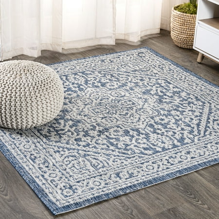 JONATHAN Y SANTA MONICA 4' Square Area Rug, Sinjuri Medallion Textured Weave - Navy/Gray, SMB101B-4SQ
