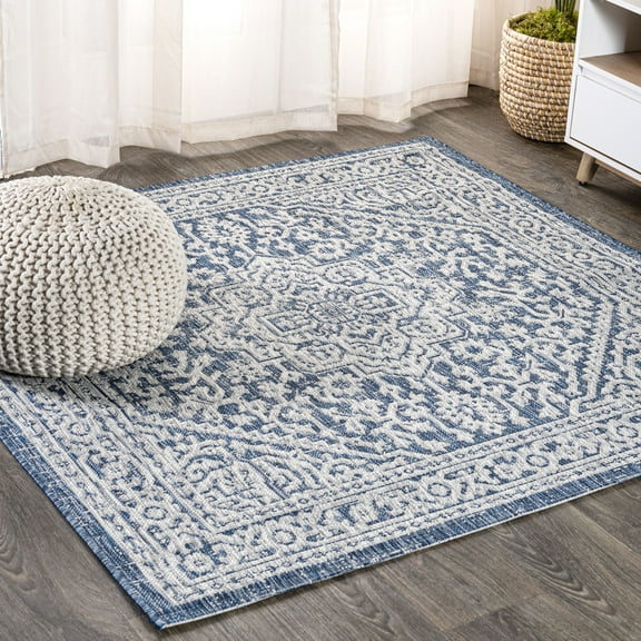 JONATHAN Y SMB101B-5SQ Sinjuri Medallion Textured Weave Navy/Gray 5' Square Indoor/Outdoor Area Rug, Coastal, Pet Friendly, Stain Resistant, Easy to Clean, for Patio, Living Room; Kitchen, Bedroom
