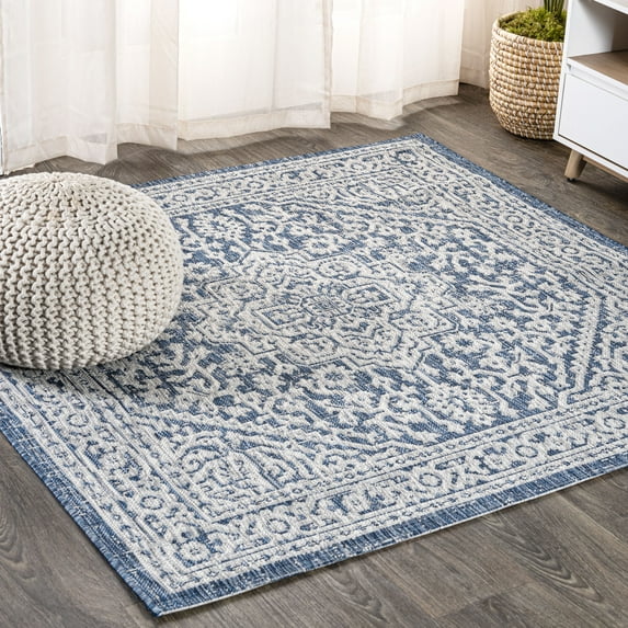JONATHAN Y SANTA MONICA 6' Square Area Rug, Sinjuri Medallion Textured Weave - Navy/Gray, SMB101B-6SQ