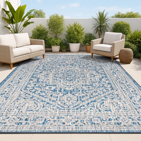 JONATHAN Y SANTA MONICA 8 x 10 Area Rug, Sinjuri Medallion Textured Weave - Navy/Gray, SMB101B-8