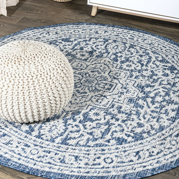 JONATHAN Y SANTA MONICA 8' Round Area Rug, Sinjuri Medallion Textured Weave - Navy/Gray, SMB101B-8R