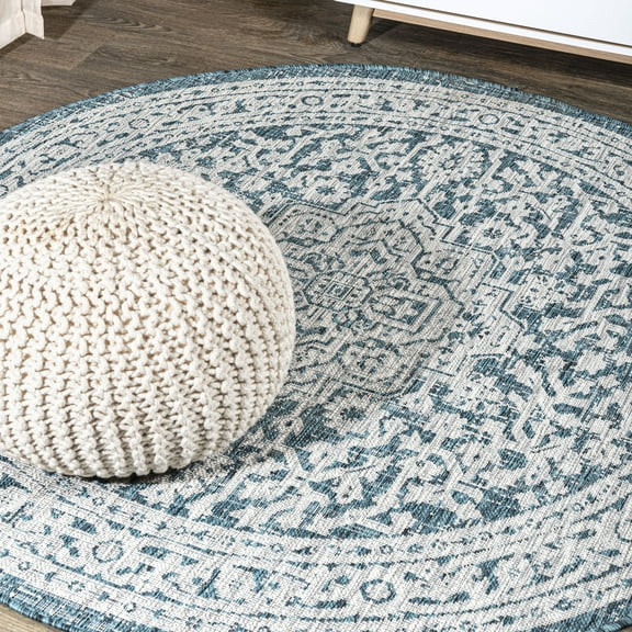 JONATHAN Y SANTA MONICA 6' Round Area Rug, Sinjuri Medallion Textured Weave - Teal Blue/Gray, SMB101C-6R